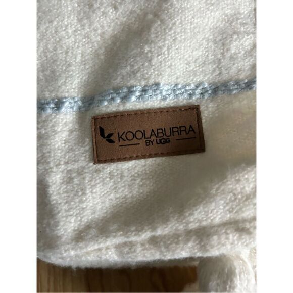 Ugg Koolaburra Throw Blanket Woven White Blue Striped Tassels 50” x 70” New - Picture 3 of 6